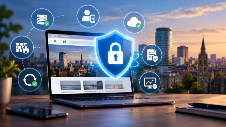 Cybersecurity Shield Over City Skyline